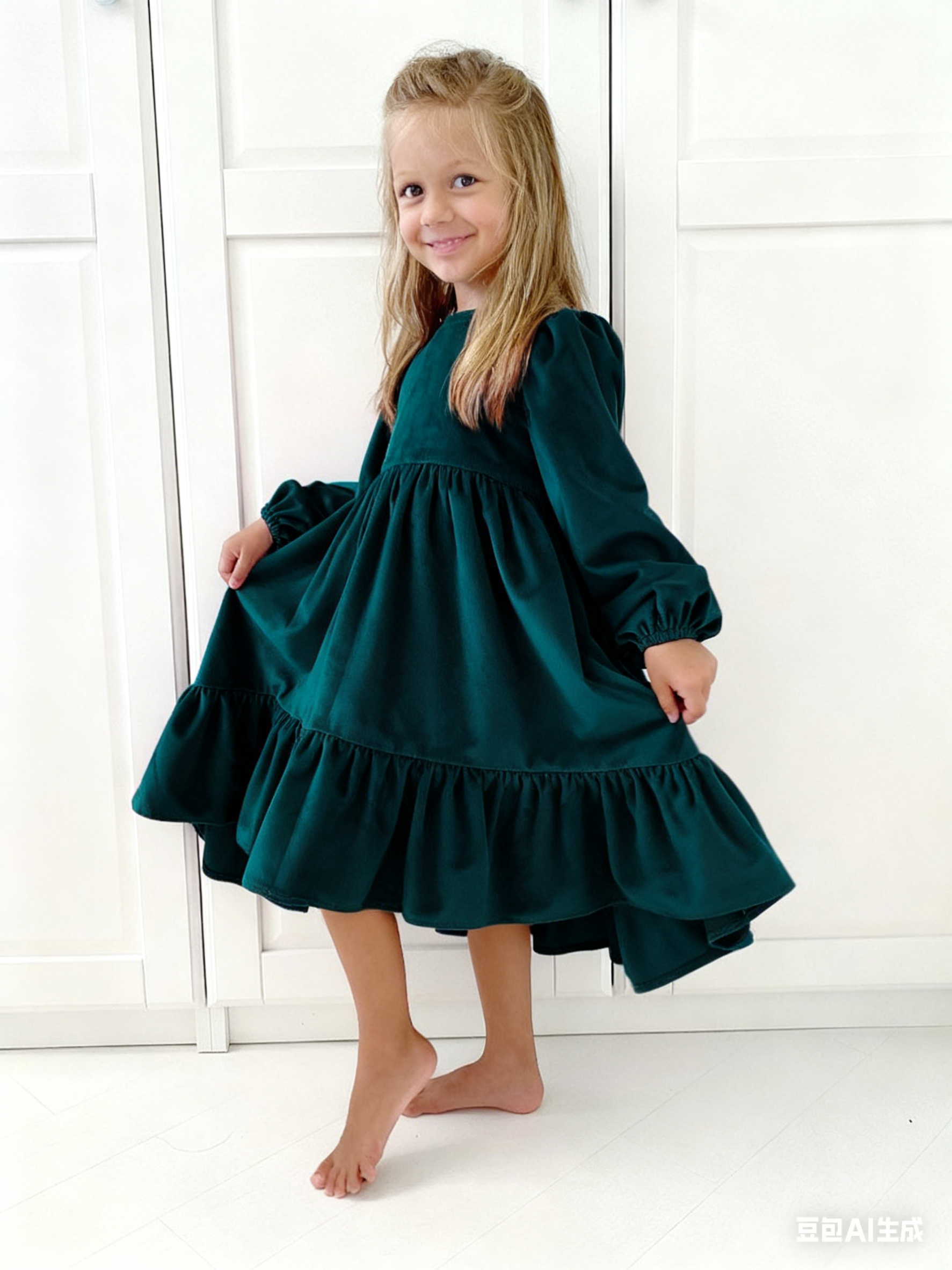 Yiwuyiyuan Custom Girl Velvet Dress Long-Sleeve Ruffle Hem Flowy A-Line Dress for Kids Daily &amp; Party Wear