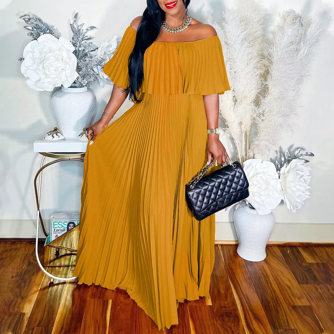 Latest Design Sexy Slash Neck off Shoulder Maxi Dress Ladies Girls Party Dress Women Elegent Pleated Dress