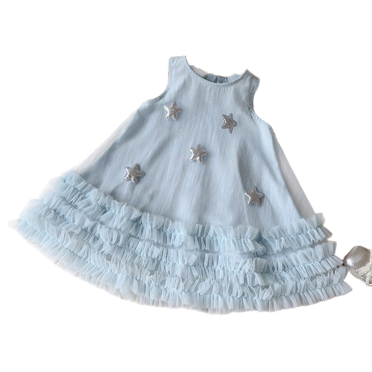 2026 New Fashion Girls Summer Dress New Arrival Starry Mesh Sundress Sleeveless Tiered Princess Skirt Softening Treatment