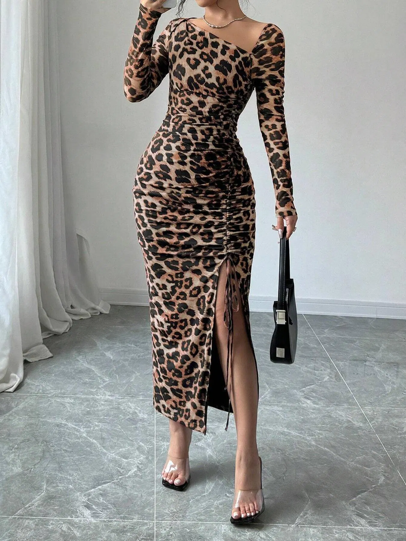 Stylish Women's Leopard Print Long Sleeve Dress for Hot Girls
