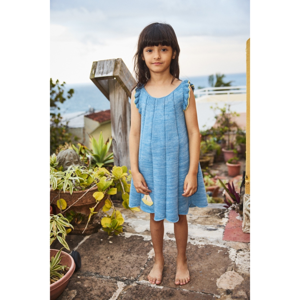 OEM ODM Customized Girls' Blue Knit Sleeveless Dress Ruffle Trim Summer Sundress for Kids for Girls Dress Ourtfit