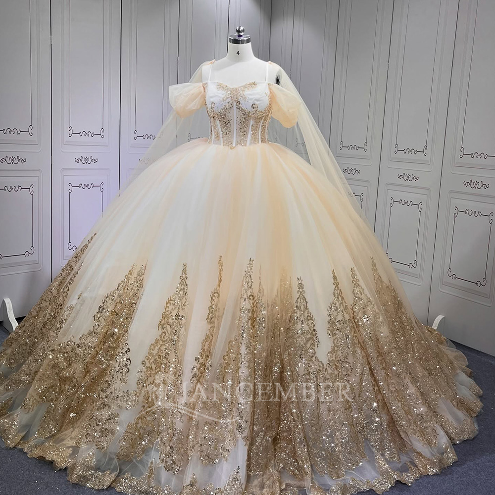 LSMU65 Vintage Champagne Off-Shoulder Lace Beading Appliques Ball Gown Sweetheart Neckline Chapel Train Party Girls Dress Shawl