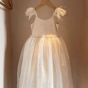 2025 Girls Summer Feather Embroidery Dress Girls Mesh Princess Dress Girls Sundress