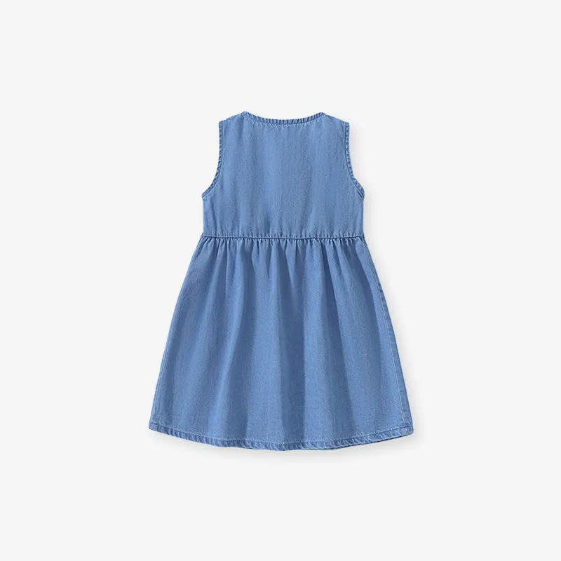High Quality Summer Children Clothes Baby Girl Sleeveless Cartoon Embroidery Denim Dress