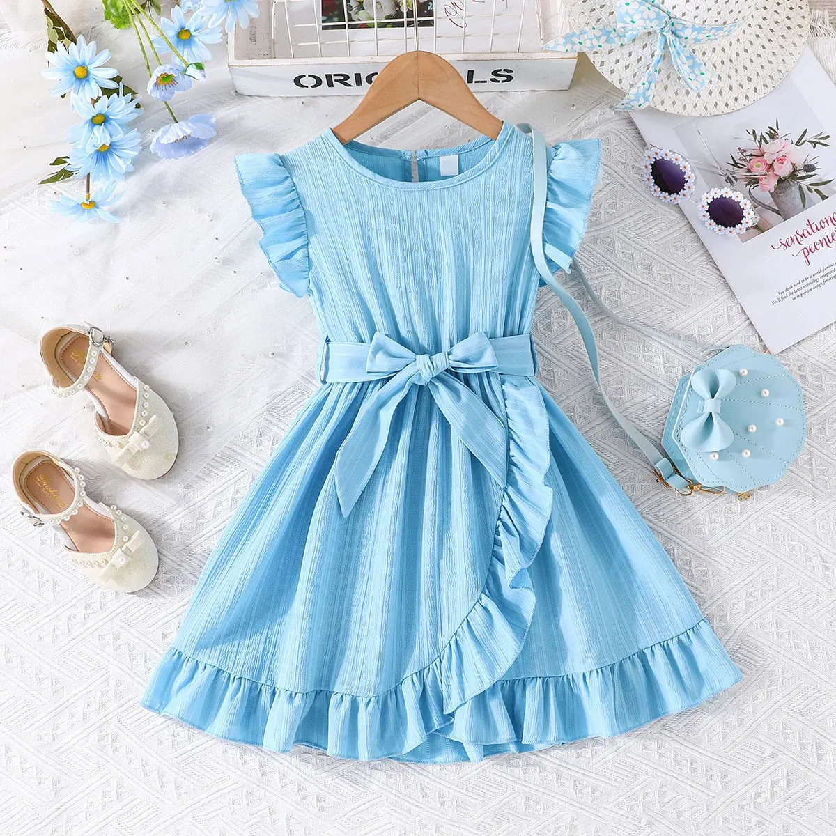 Summer Kids Dresses for Girls Ruffle Sleeve Birthday Party Clothes Solid Color Sweet Princess Dress Children Holiday
