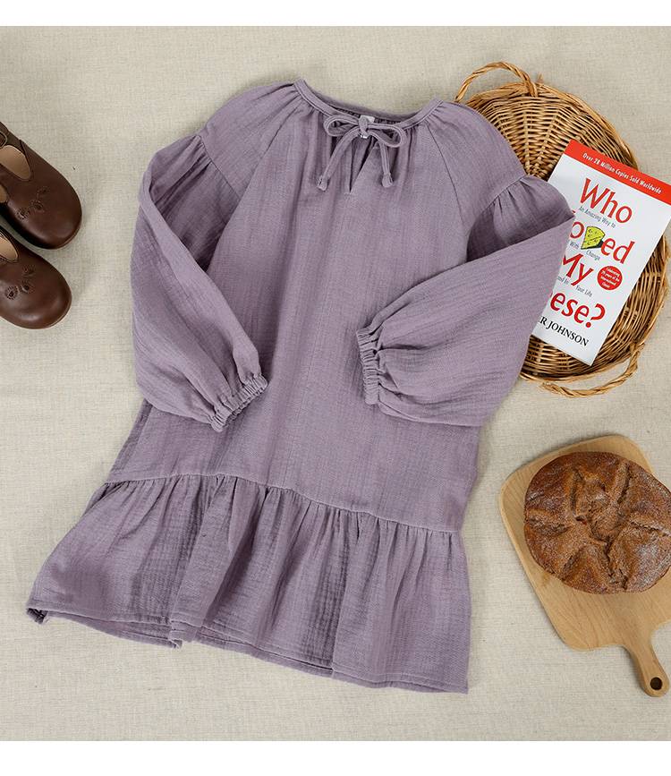 Girls' Purple Gauze Cotton Long Sleeve Dress, Casual Loose Ruffle Hem Kids' Dress, V-Neck Drawstring Casual Playwear
