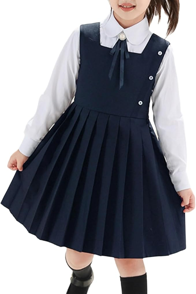 Custom Girls Sleeveless Pleated Pinafore Dress School Uniform White Long Sleeve Shirt Two Piece