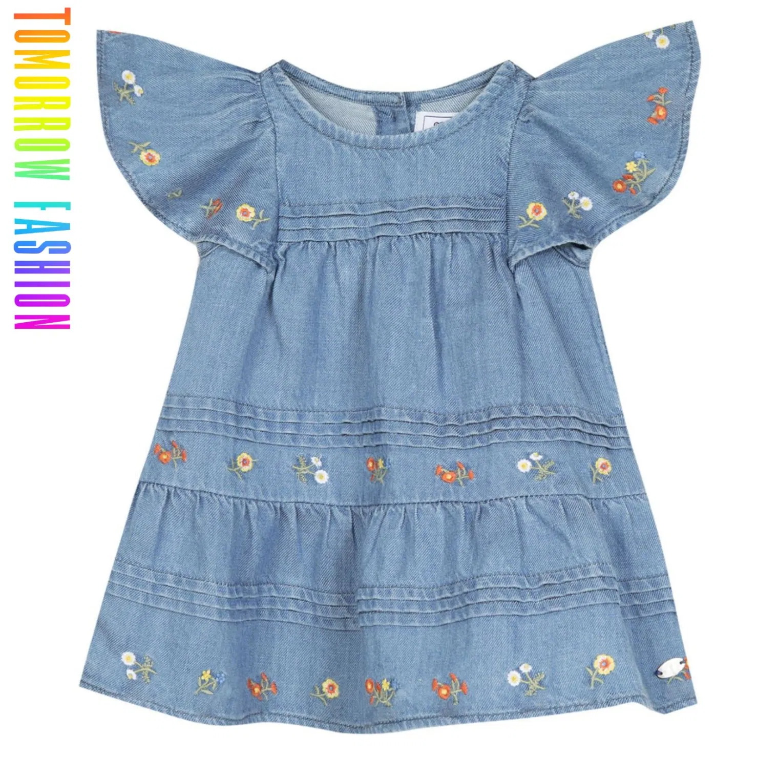 Private Label Wholesale Toddler Child Clothing OEM Custom Summer Baby Children Clothes Tops Kid Clothing Denim Girls' Dress with Flower Embroidery