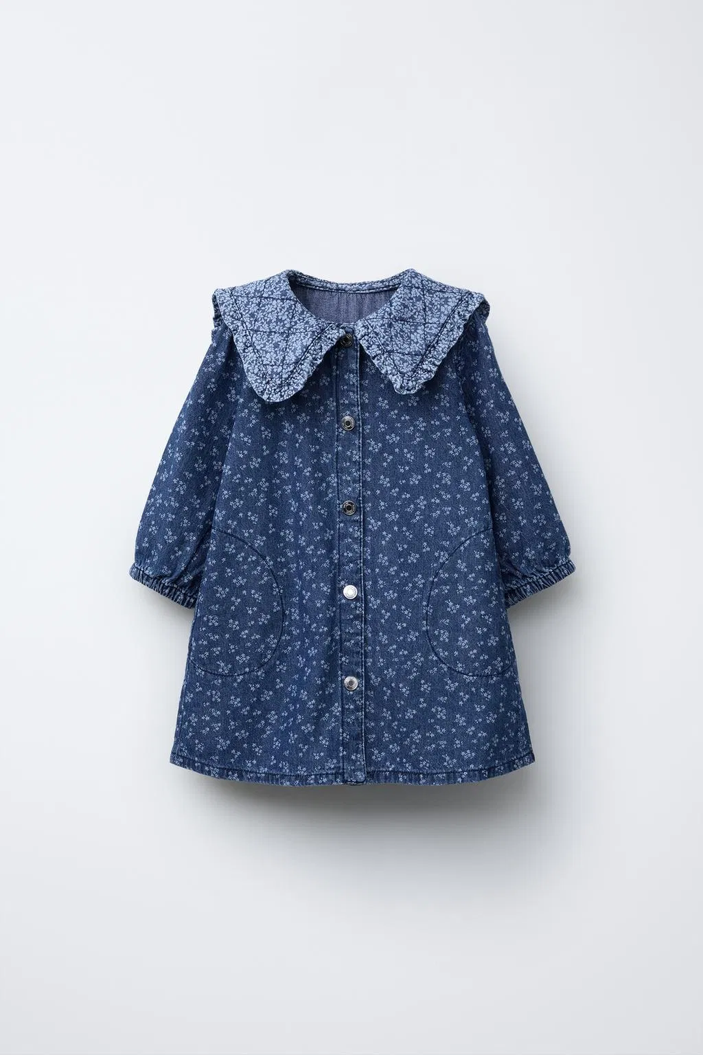Denim Baby Dress Peter Pan Collar Long-Sleeves Elasticated Cuffs Snap-Button Fastening Floral