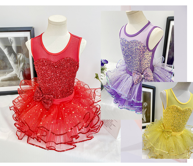 Girls Red Jazz Dance Costume Kids Sequin Heart Tutu Dress Glitter Layered Tulle Skirt for Christmas & Stage Performance