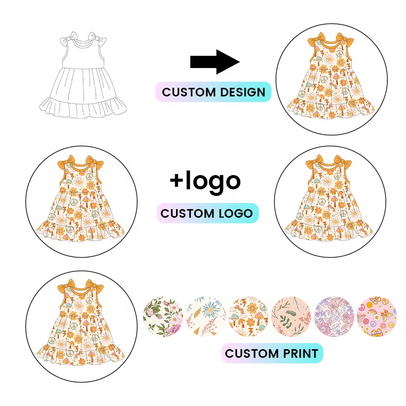 Kerui Girls Kids Dress Baby Girl Dress Sleeveless Custom Flower Printing Bow and Ruffle One Piece Teenage Girls Dress
