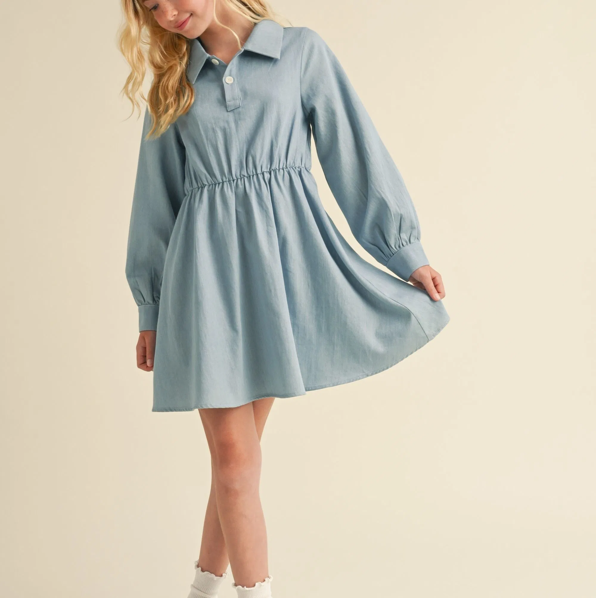New Girls Long Sleeve Shirt Dress Denim Fashion Kids Dress