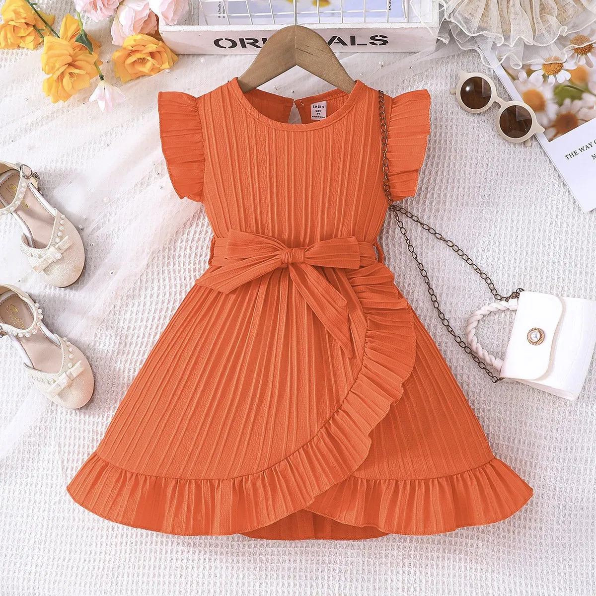 Summer Kids Dresses for Girls Ruffle Sleeve Birthday Party Clothes Solid Color Sweet Princess Dress Children Holiday