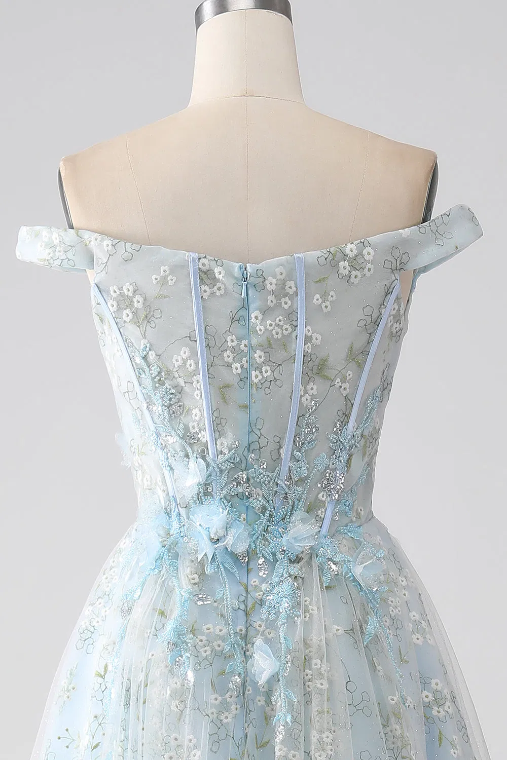Sexy Sky Blue off Shoulder 3D Floral Embroidery Sheer Corset Tulle Cocktail Party Full Dresses Girl Dress