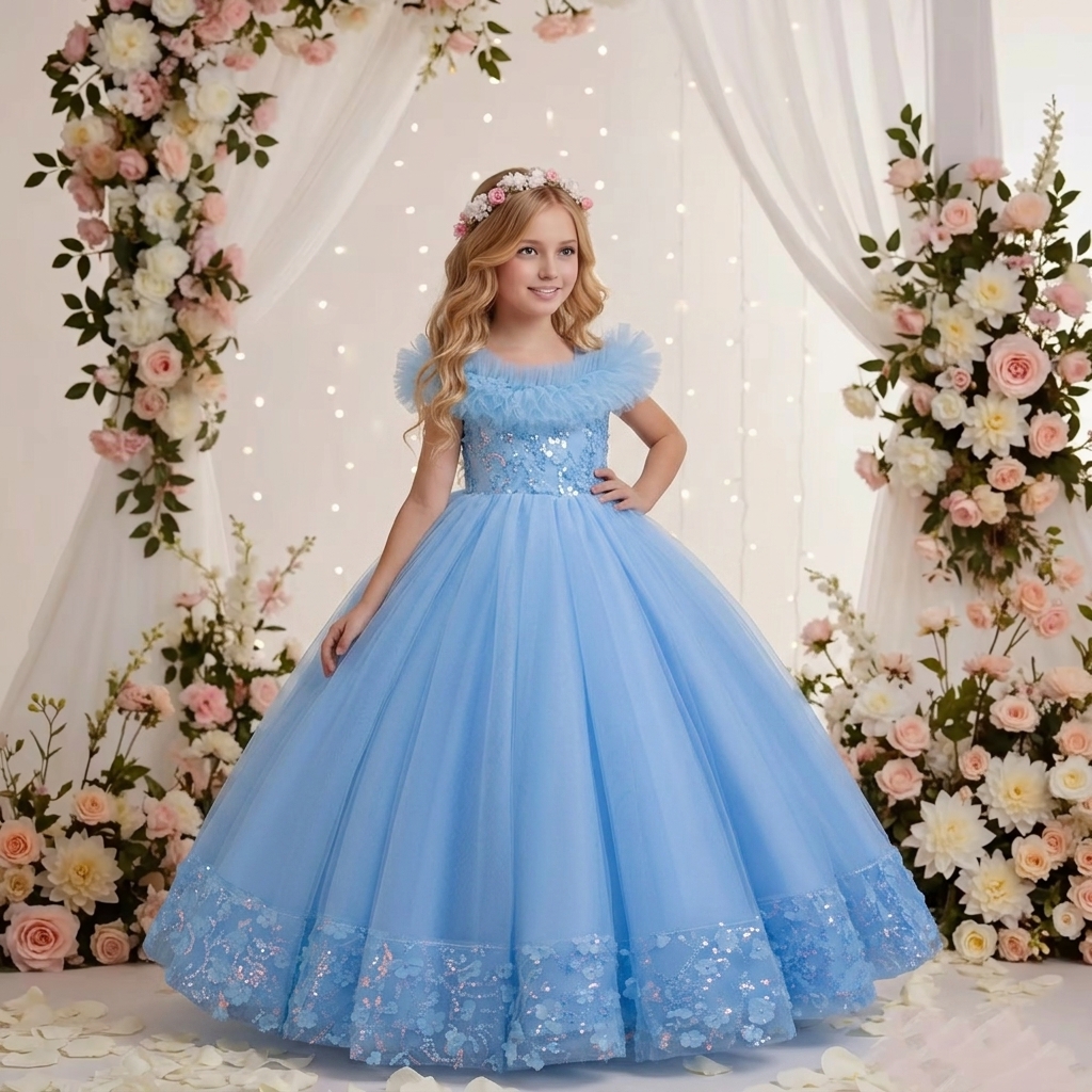 Western Style Fluffy Mesh Girl Party Dress Shining Beads Flower Girl Wedding Dress Elegant Children's Princess Dress for 10 Y