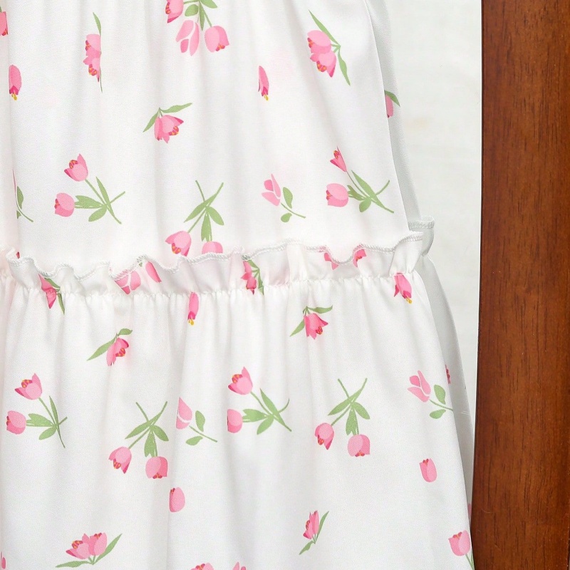 Girls Floral Sundress Luna Pink Cherry Print Green Strap Ruffle Hem Summer Dress Sweet Holiday Wear for Casual Party