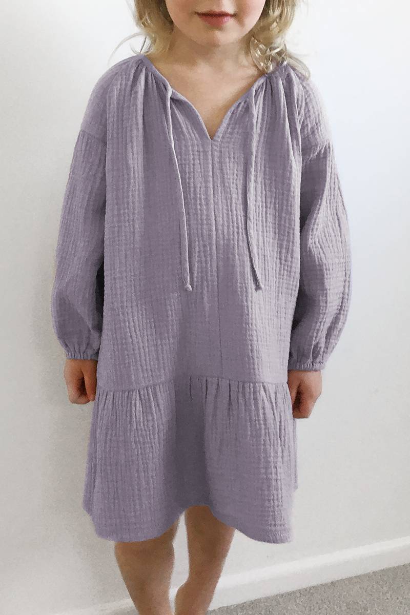 Girls' Purple Gauze Cotton Long Sleeve Dress, Casual Loose Ruffle Hem Kids' Dress, V-Neck Drawstring Casual Playwear