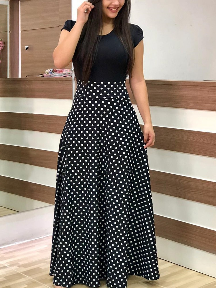New Fashion Women Summer Long Dress Short Sleeve Girls Slim Long Style Patchwork One-Piece Clothing Maxi Dress