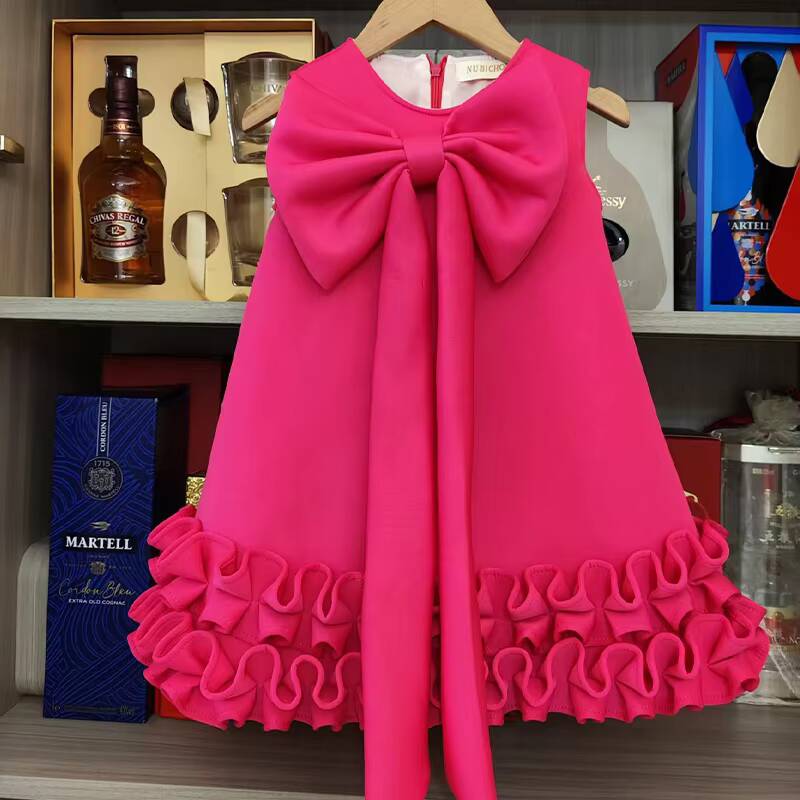 Elegant Heavy Industry Dress Girls with Bowknot for Party, Birthday, Performance, Solid Pattern, Children's Floral Decoration,