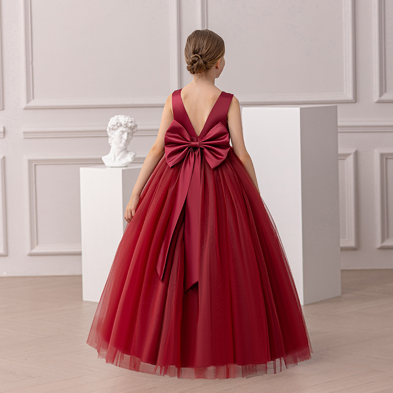 Elegant Girls Full-Length Party Dress - Sleeveless Tulle Gown with Pearl Waistline and Bow, Available in Red, Pink, and Black
