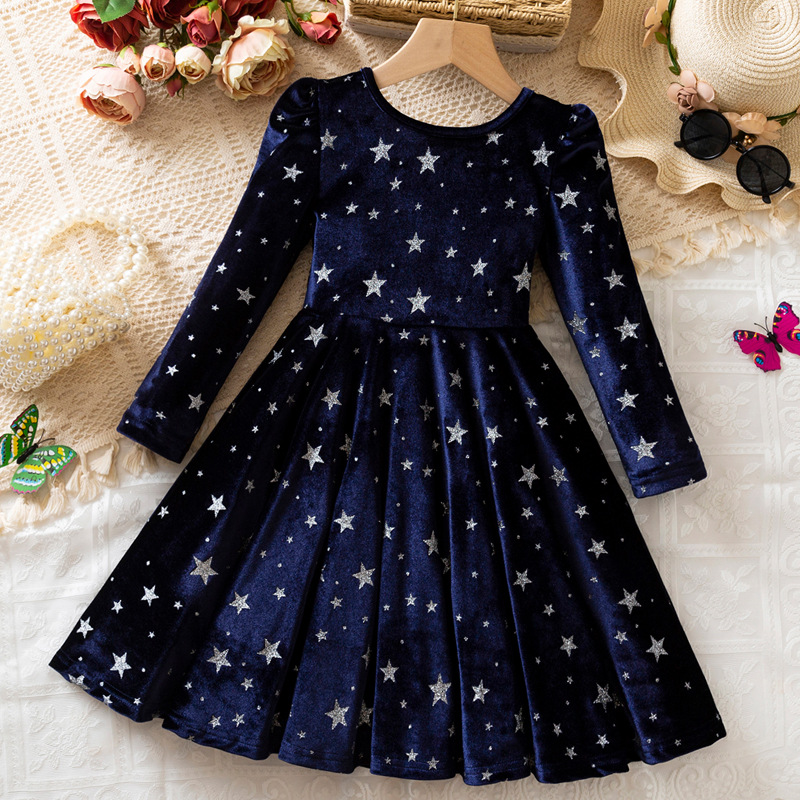 Hot Sale O-Neck Sweet Long Sleeve Winter Girls' Mini A-Line Polyester Velvet Stars Printed Christmas Dresses