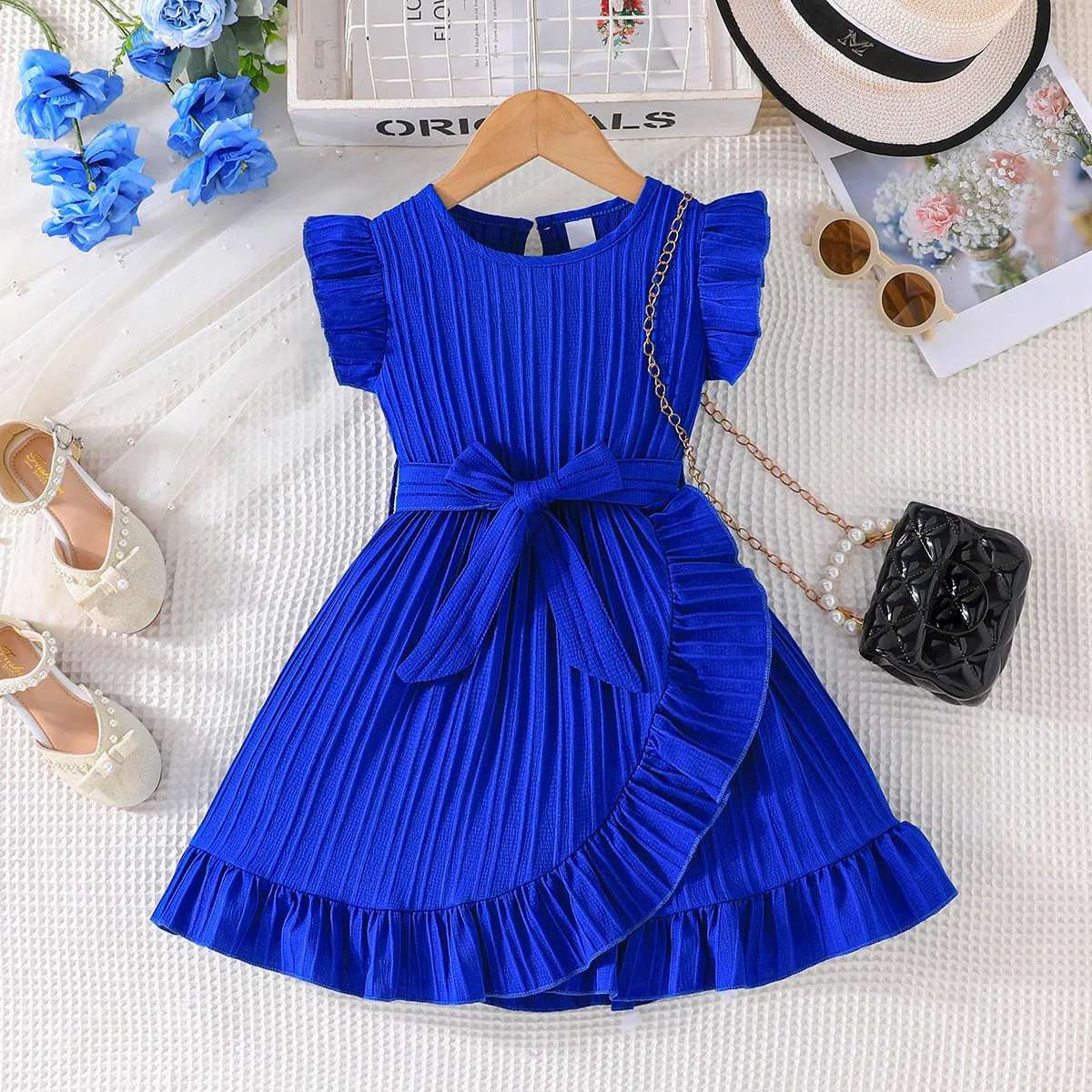 Summer Kids Dresses for Girls Ruffle Sleeve Birthday Party Clothes Solid Color Sweet Princess Dress Children Holiday