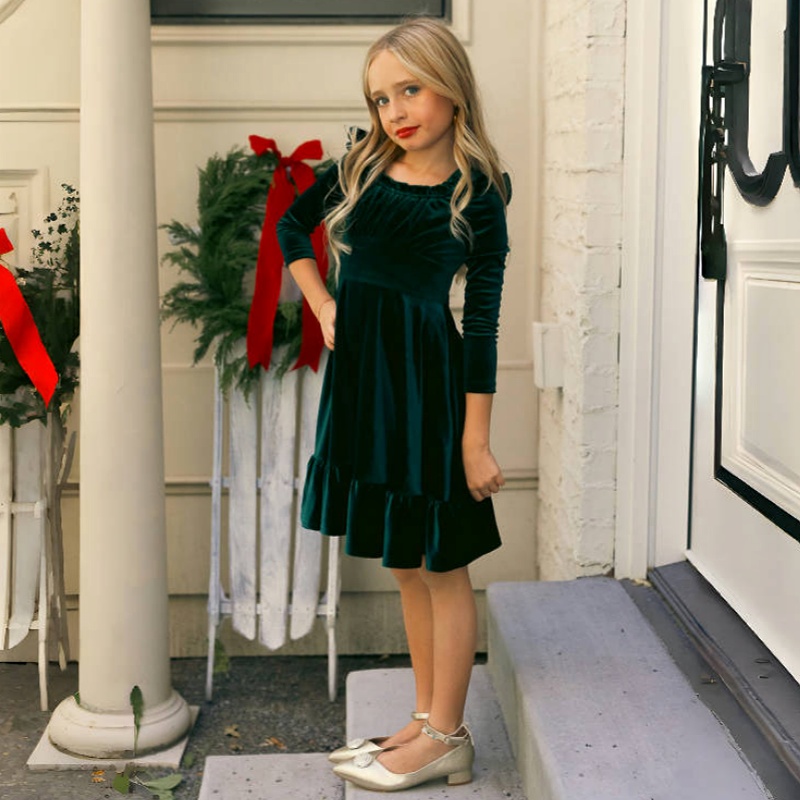 Autumn Velvet Girl Dress Custom Logo Solid Color Family Matching Outfits for Mommy Me Kids Fashionable Holiday Birthday Children
