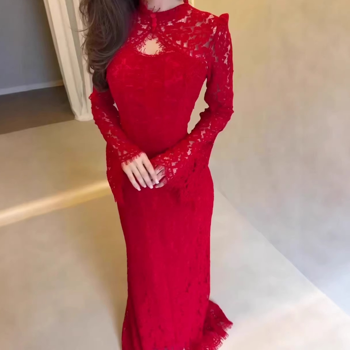 Luxury Lace Victorian Style Pencil Silhouette Long Sleeve Evening Dress With Natural Waist For Summer