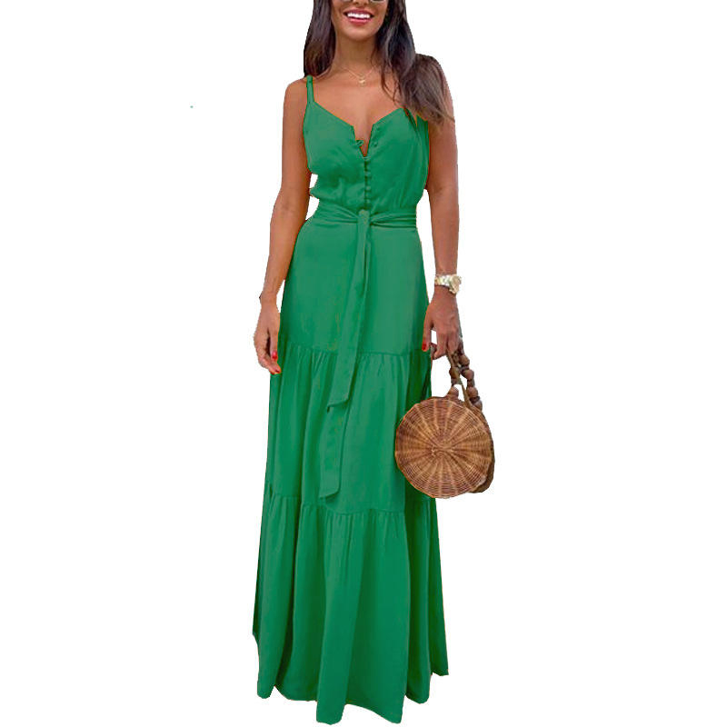 New Arrivals Solid Color Girls Spaghetti Strap Summer Dresses Women Casual Sleeveless V-Neck Long Maxi Dress Ladies