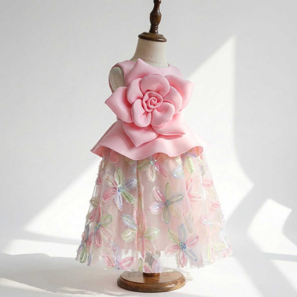 Pink 3D Rose Flower Formal Princess Ball Gown Girls Party Dress Elegant Statement Birthday Outfit Soft Mesh Lining Vietnam