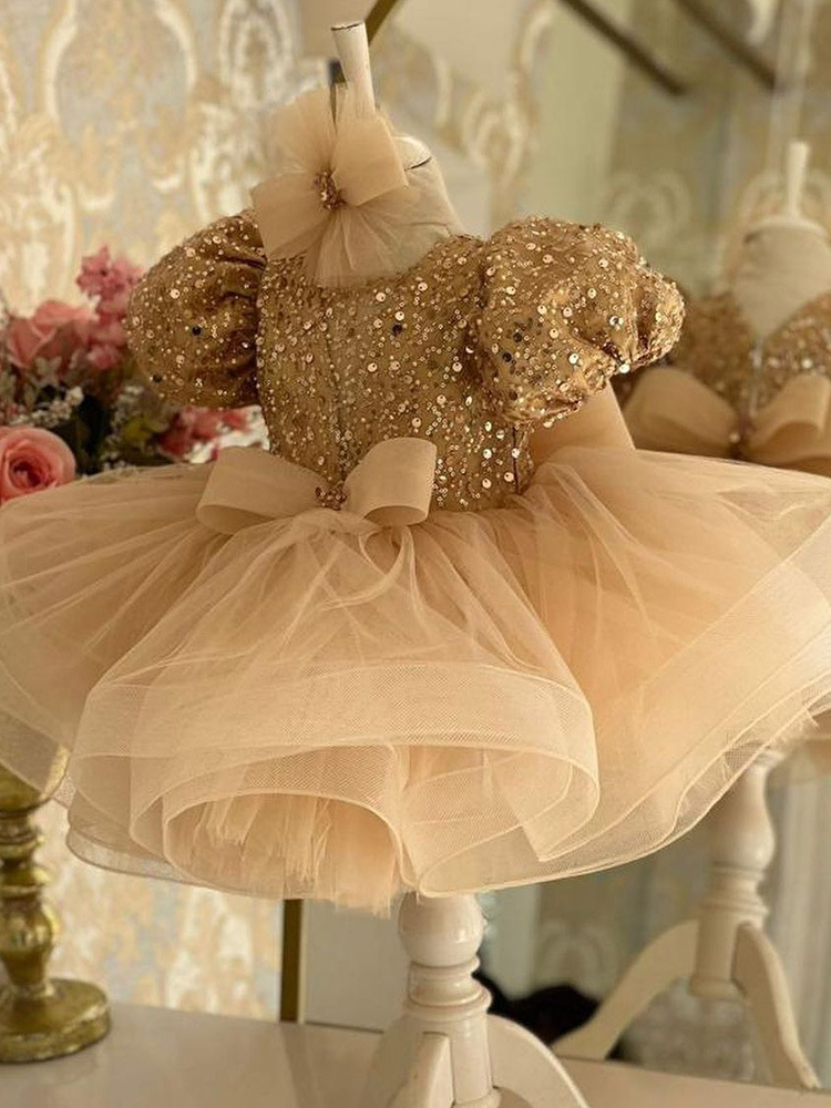 Champagne Gold Baby Sequin Flower Girl Dress Puff Sleeve Tulle Tutu Toddler Birthday Party Gown V-Neck Bow Formal Dress