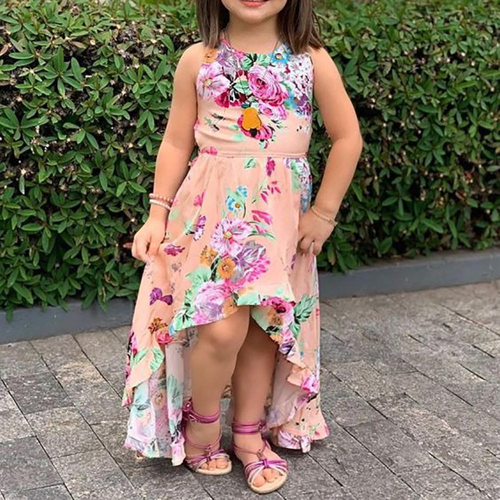 Little Girls Cute Flower Print High-Low Dress Sleeveless Ruffle Trim Flowy High Low Sundress for Spring Summer Vacation