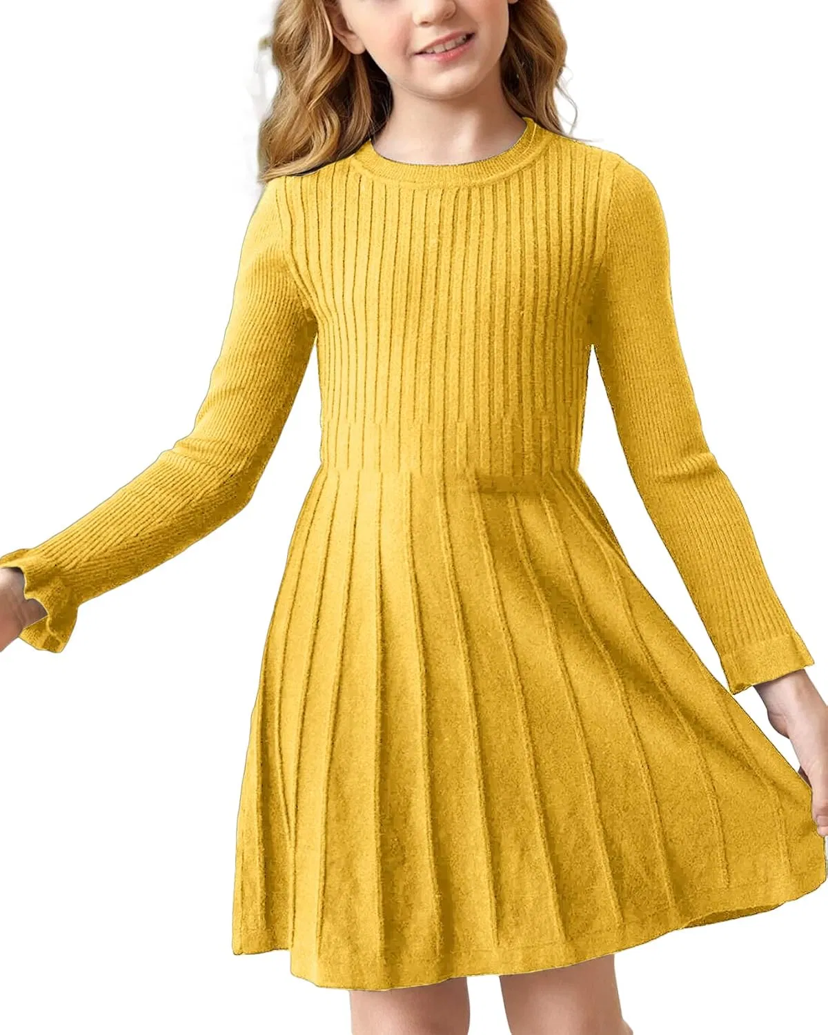 Girls Ribbed Knit Dress Long Sleeve Ruffle
