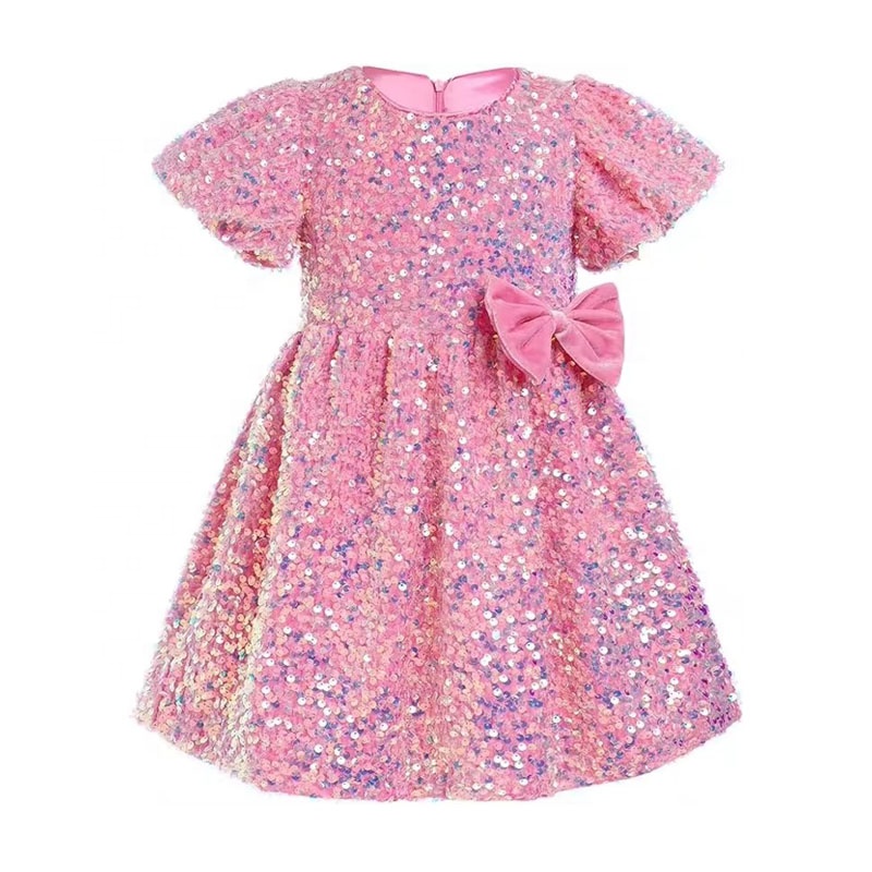 Customize Kids Velvet Dress Flower Girls Sequin Dresses Short Puff Sleeve Birthday Holiday Party Sparkly Princess Dress