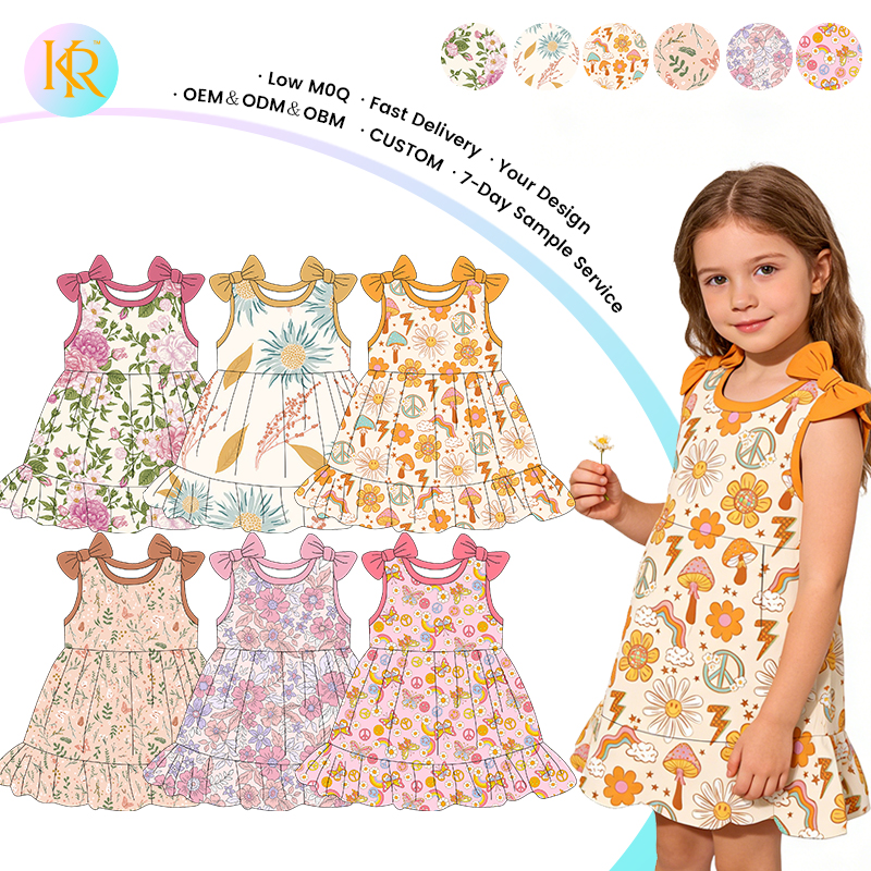 Kerui Girls Kids Dress Baby Girl Dress Sleeveless Custom Flower Printing Bow and Ruffle One Piece Teenage Girls Dress