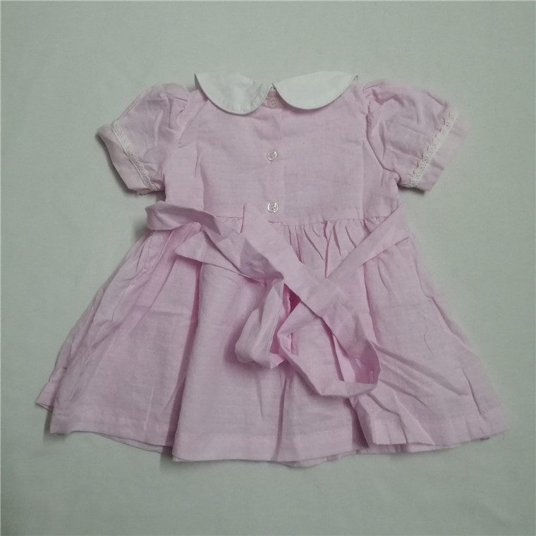Girls Pink Peter Pan Collar Smocked Dress with Hand Embroidery Lace Trim and Waist Bow Kids Summer Cotton Dress