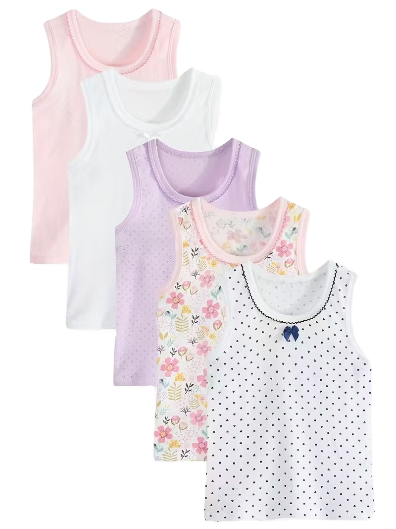 Girls' 100% Cotton Jersey Sleeveless Dresses Summer Flower Print Round Neck Smock for Playtime Parties Casual Attire