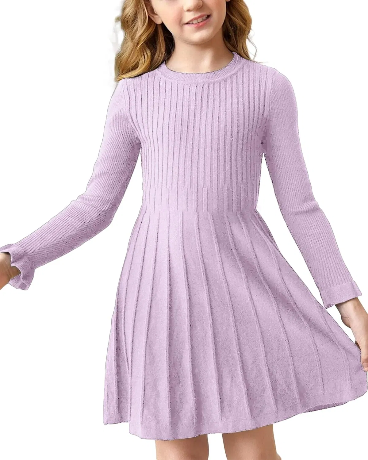 Girls Ribbed Knit Dress Long Sleeve Ruffle