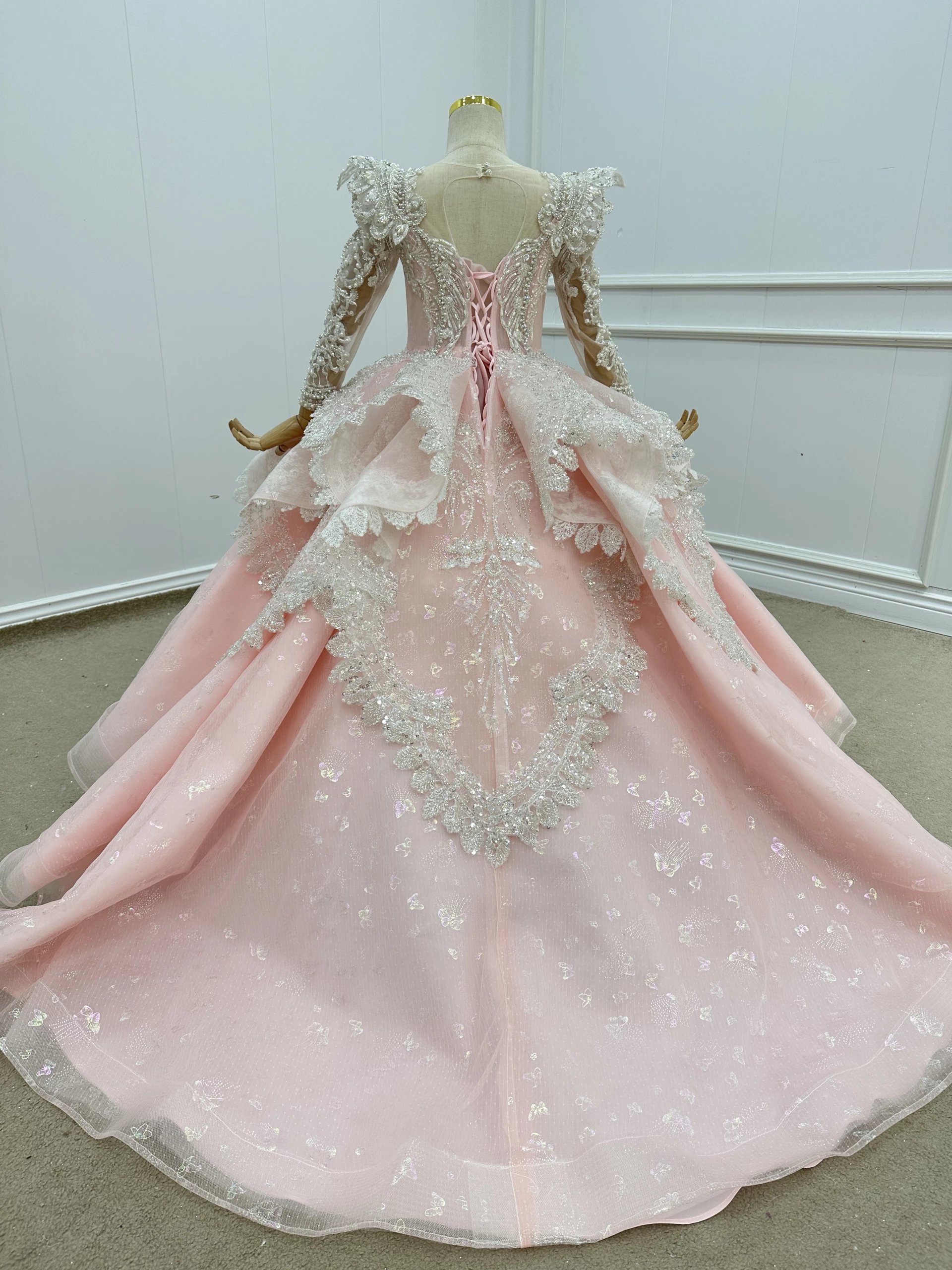 QUEENS Gown Latest pink Child Party Dress Heavy Beaded Crystal Pearl Wedding Flower Girl Dresses With Long Sleeve