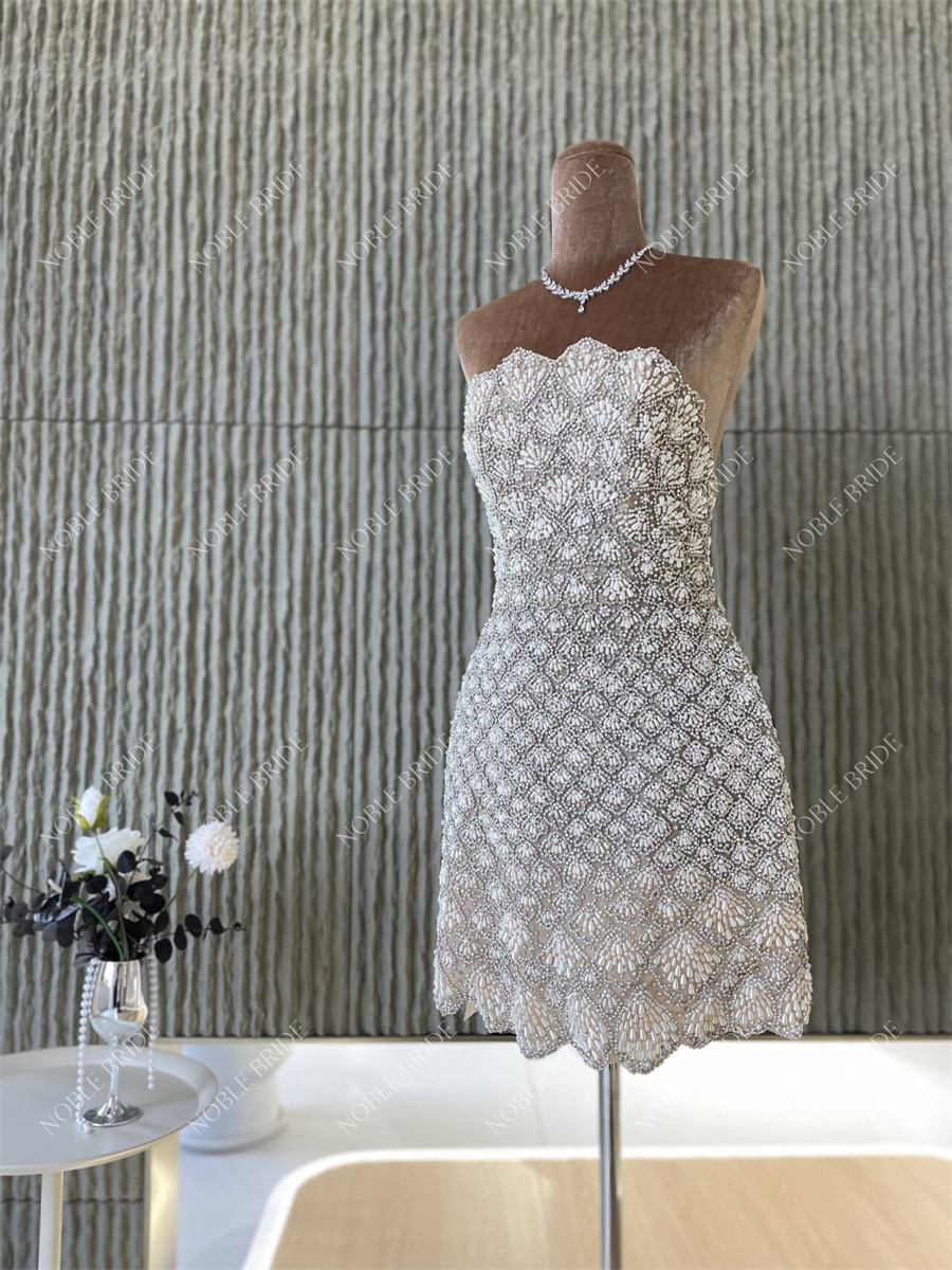 Luxurious Girls Real Evening Party Dress Strapless Sleeveless Handwork Beading Crystals Bride Short Wedding Dresses