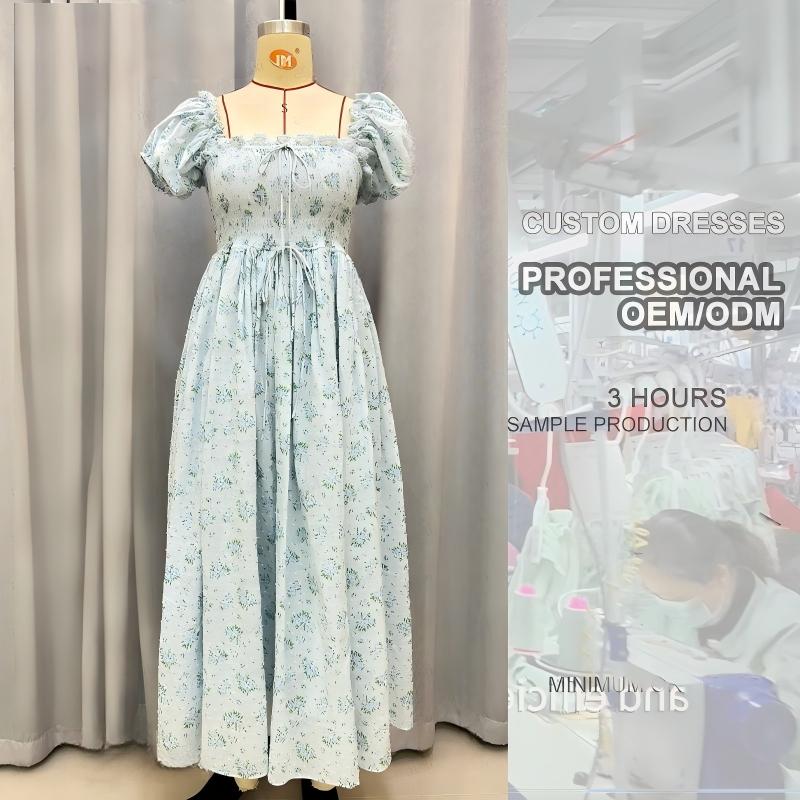 Premium Quality Custom Linen Cotton Blend Long Dress Summer Sundress Floral Printing Embroidered Dress for Ladies Girls Kids