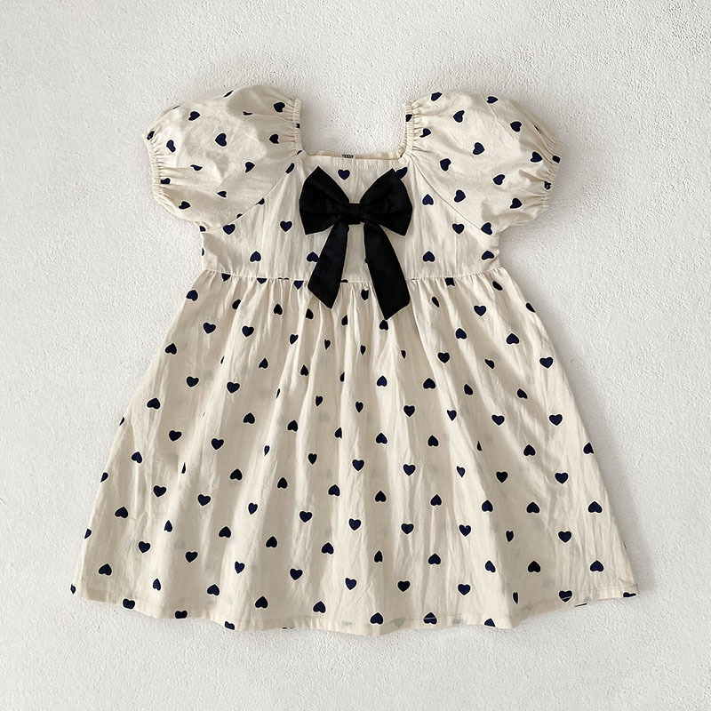 Girls White Heart Print Dress Black Bow Decor Puff Short Sleeve Toddler Princess Sundress Cute Party Casual Kids Summer Clothing