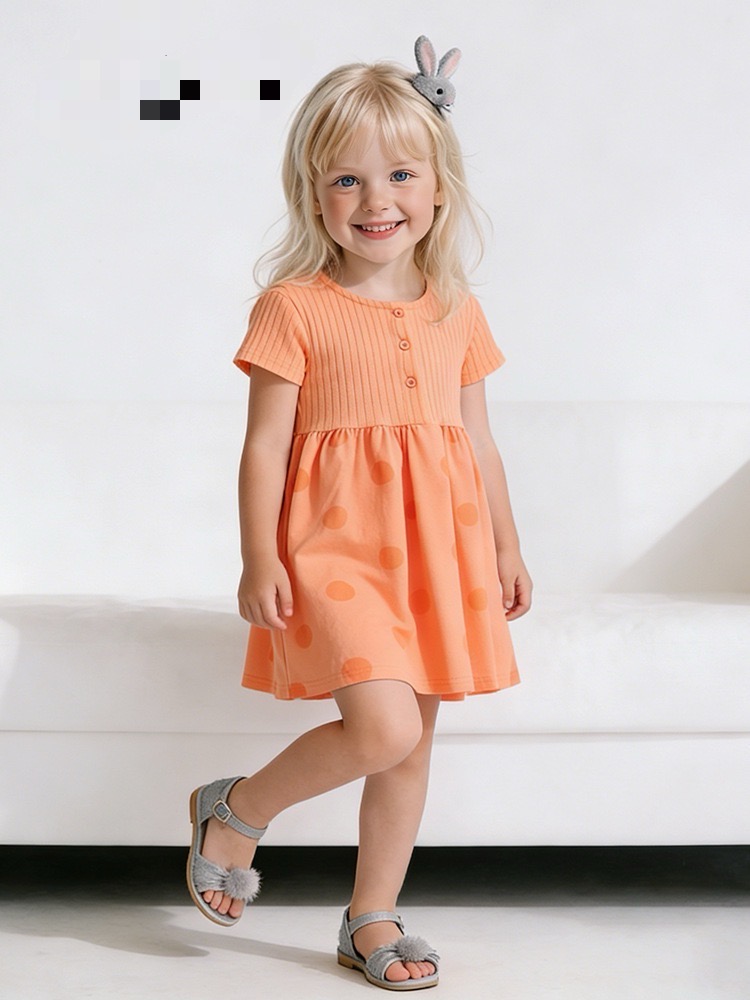 Girls Ribbed Knit Polka Dot Cotton Summer Dress,Cute Orange Short Sleeve Casual Playwear for Kids, Soft Breathable A-Line Dress