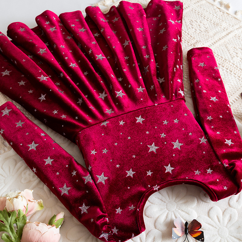 Hot Sale O-Neck Sweet Long Sleeve Winter Girls' Mini A-Line Polyester Velvet Stars Printed Christmas Dresses