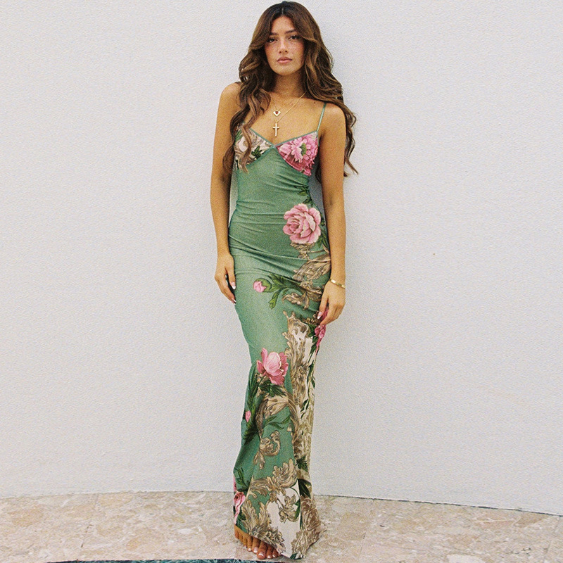 Halter V-Neck Print Sexy Slim-Fit Maxi Dress Summer Vacation Style Spice Girl Backless Dresses