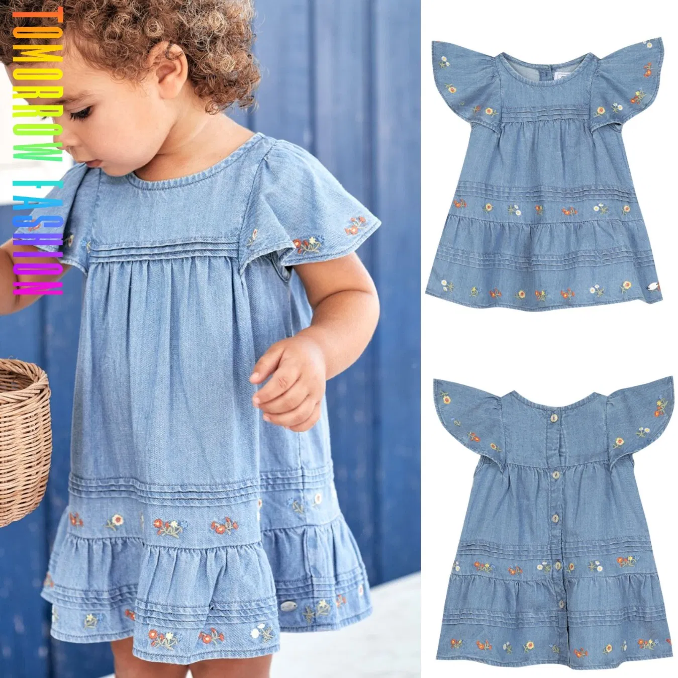 Private Label Wholesale Toddler Child Clothing OEM Custom Summer Baby Children Clothes Tops Kid Clothing Denim Girls' Dress with Flower Embroidery