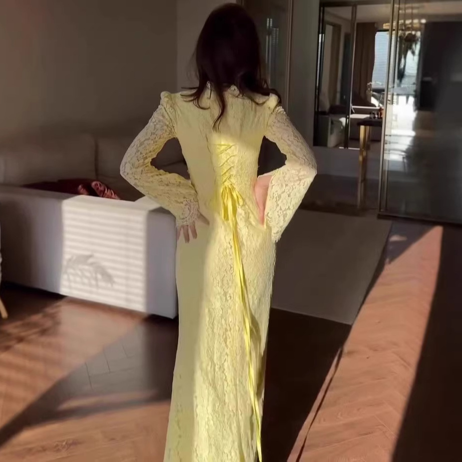 Luxury Lace Victorian Style Pencil Silhouette Long Sleeve Evening Dress With Natural Waist For Summer