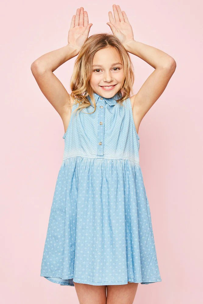 New Design OEM Accept Girls Summer Collar Neckline Back Tie Detailing Denim Mini Dress