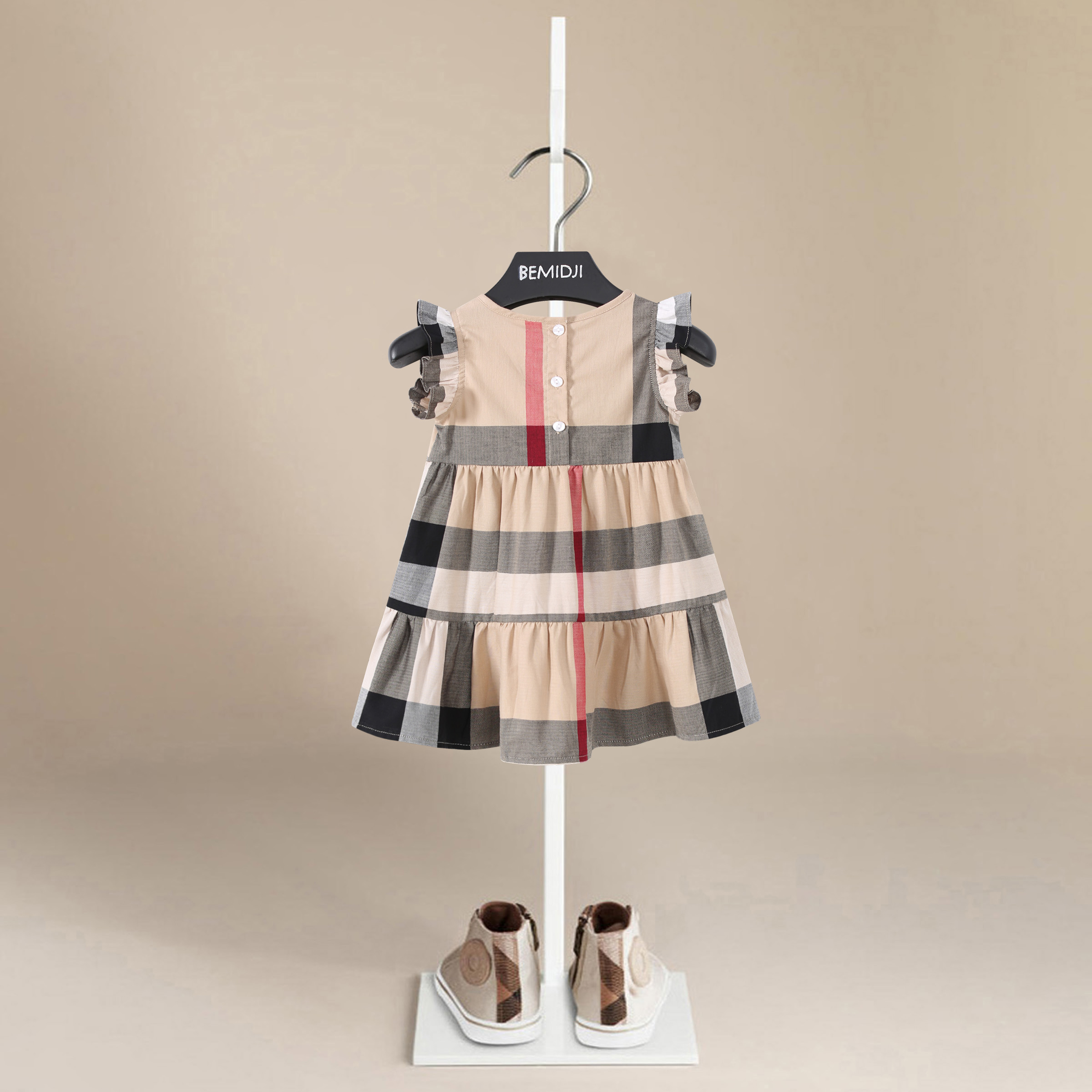 BEMIDJI Sweet Vintage Party ODM Children's 95% Cotton Lace Plaid Layered Sleeveless Breathable Knee-Length A-Line Girls' Dress