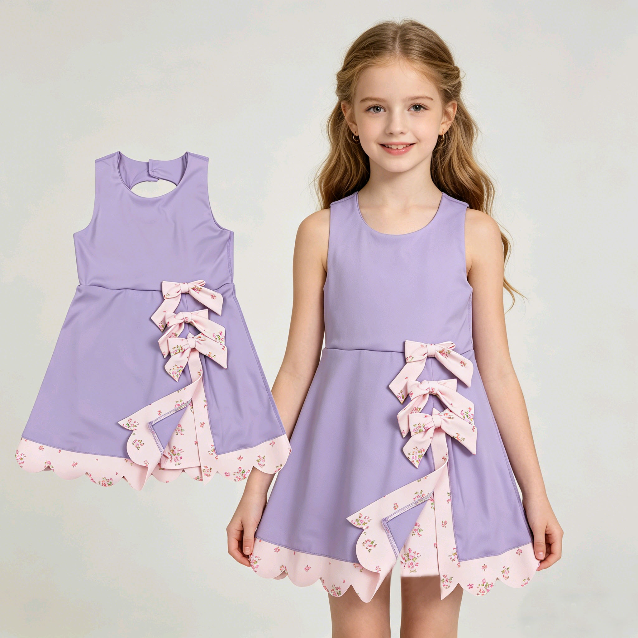 RTS Fashion Children's Little Girls Summer Casual Sleeveless Bows Floral Scallop Edge Ruffles ODM Cotton Blend A-Line Play Dress